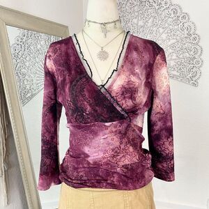 Christopher & Banks Vintage Early 2000s Purple Pink Lace Beaded 3/4 Sleeve Top M